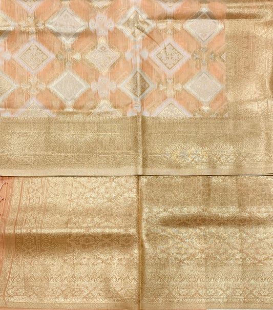 Soft Vegan Silk Saree Peach Colour with Sliver Zari Border