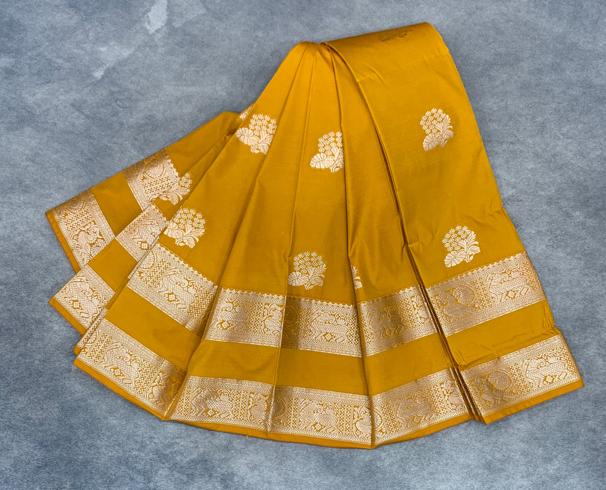 Soft Silk Casual Saree Golden Mustard Colour with Rettai Pettu Border