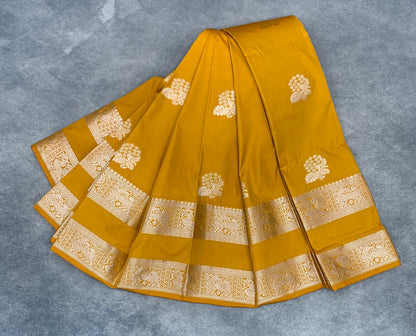 Soft Silk Casual Saree Golden Mustard Colour with Rettai Pettu Border