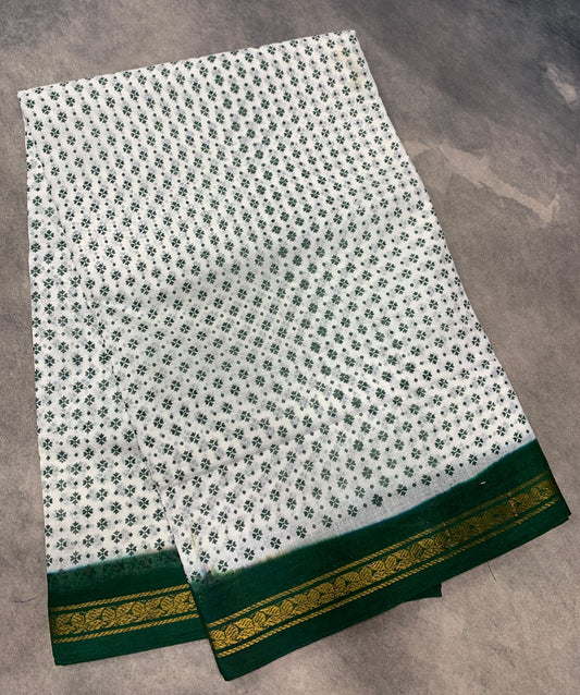 9 yards Cotton Saree Off White Colour with Green Border