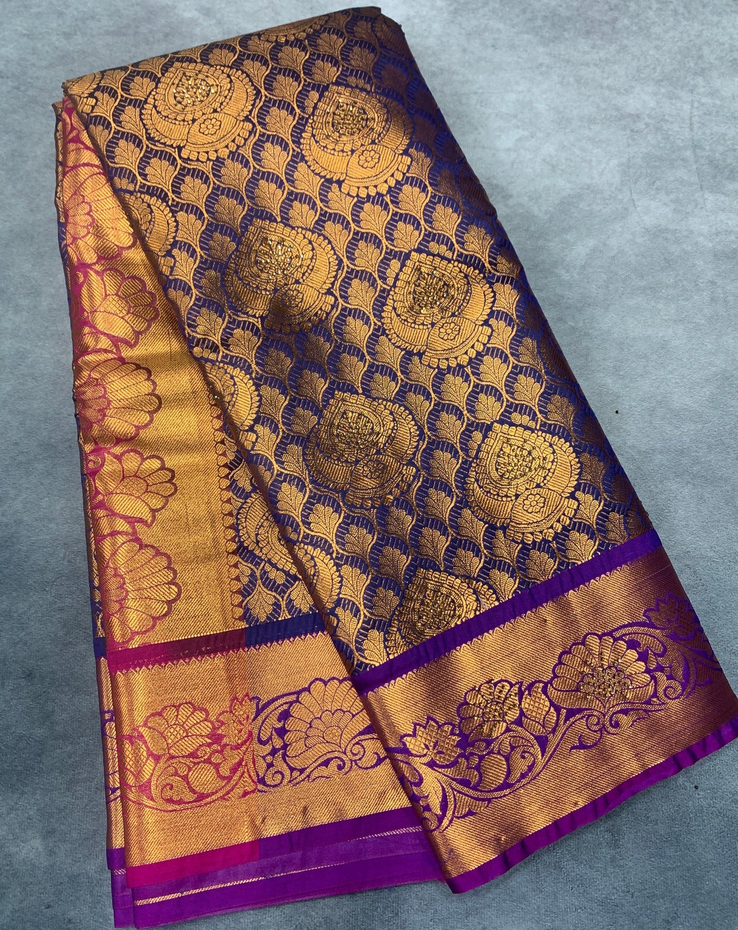 Vegan Silk Saree Blue Colour with Copper and Magenta Border