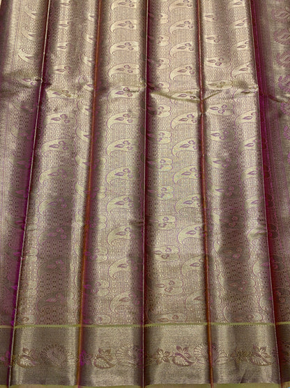 Vegan Silk Saree Pink Colour with Copper and Golden Yellow Border