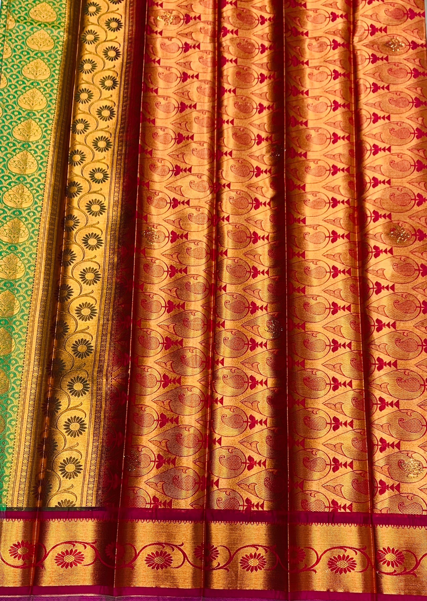 Vegan Silk Saree Light Green Colour with Copper and Pink Border