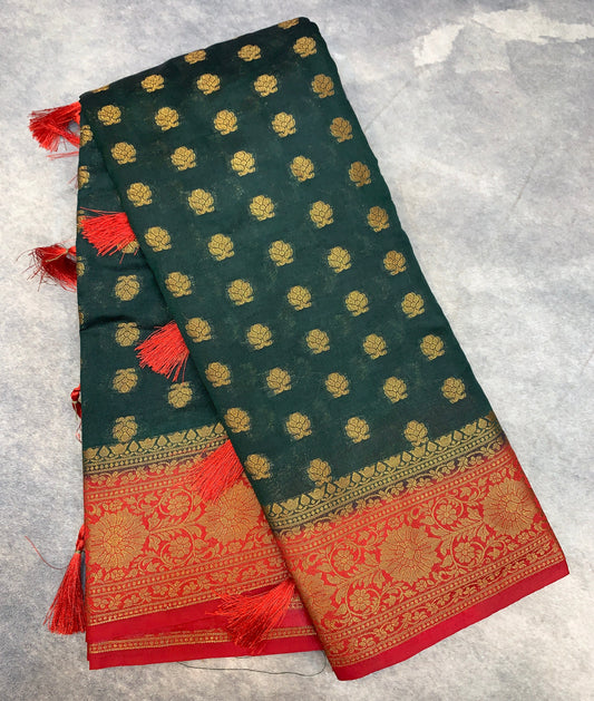 Crepe Saree Green Colour with Red Border