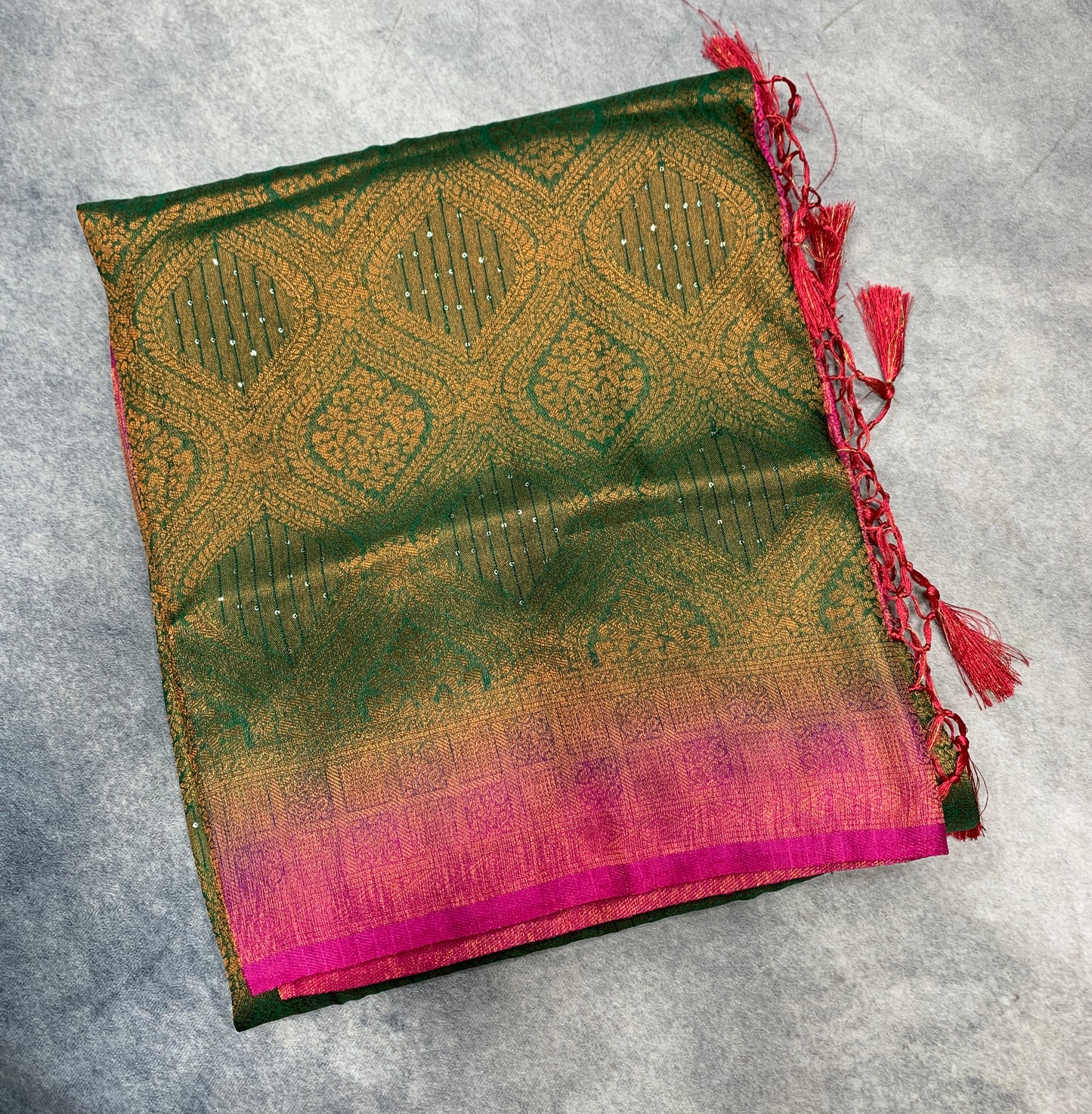 Soft Silk Saree Green Colour and Stone Work with Pink Colour Pallu