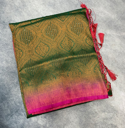 Soft Silk Saree Green Colour and Stone Work with Pink Colour Pallu