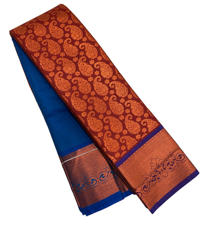 Vegan Silk Saree Dark Maroon Colour with Copper and Blue Border
