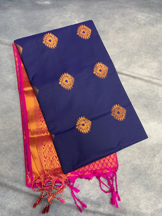 Soft Vegan Silk Saree Blue Colour with Pink and Copper Border
