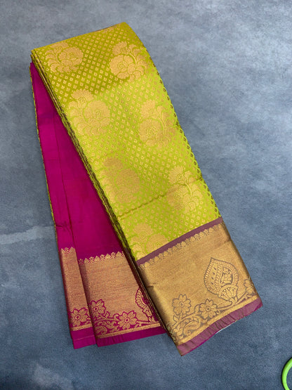 Vegan Silk Saree Lime Green Colour with Pink and Copper Border