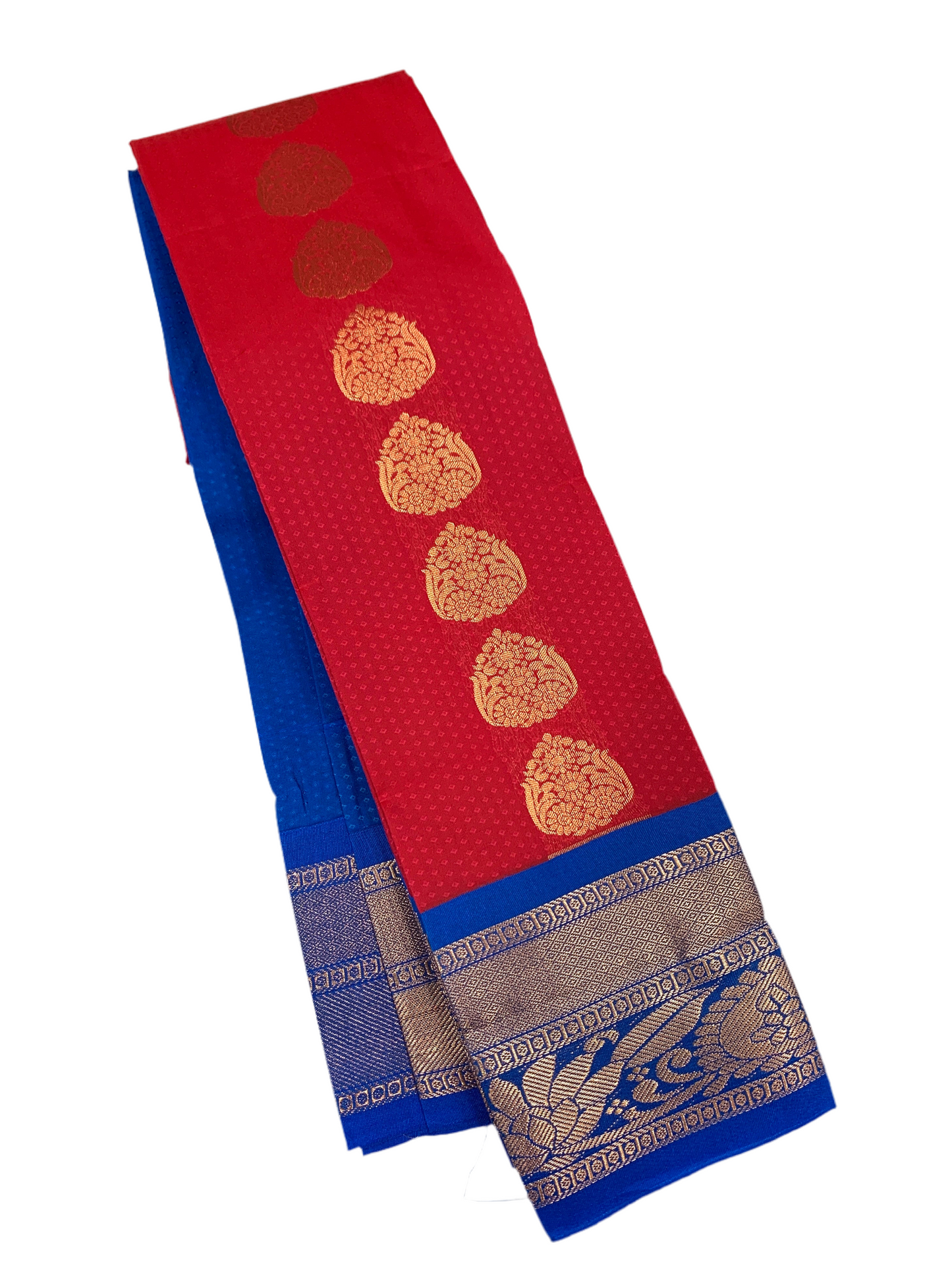 Vegan Silk Saree Red with Blue Border with Mango and Floran Design