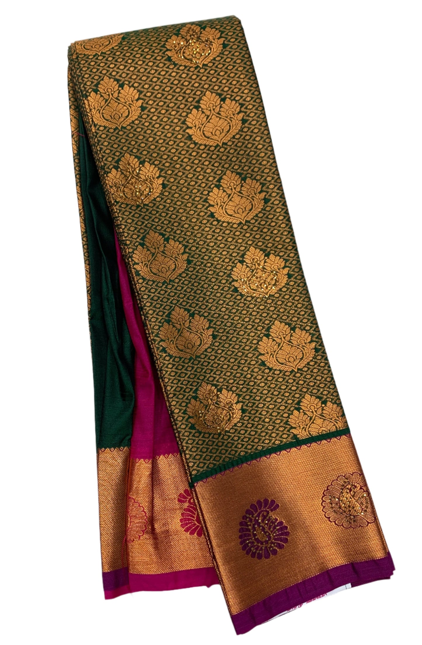 Vegan Silk Saree Green Colour with Copper and Magenta Border