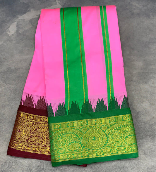 Art Silk Dhothi 9X5 Baby Pink Colour with Green and Brown Colour Ganga Jamuna Border