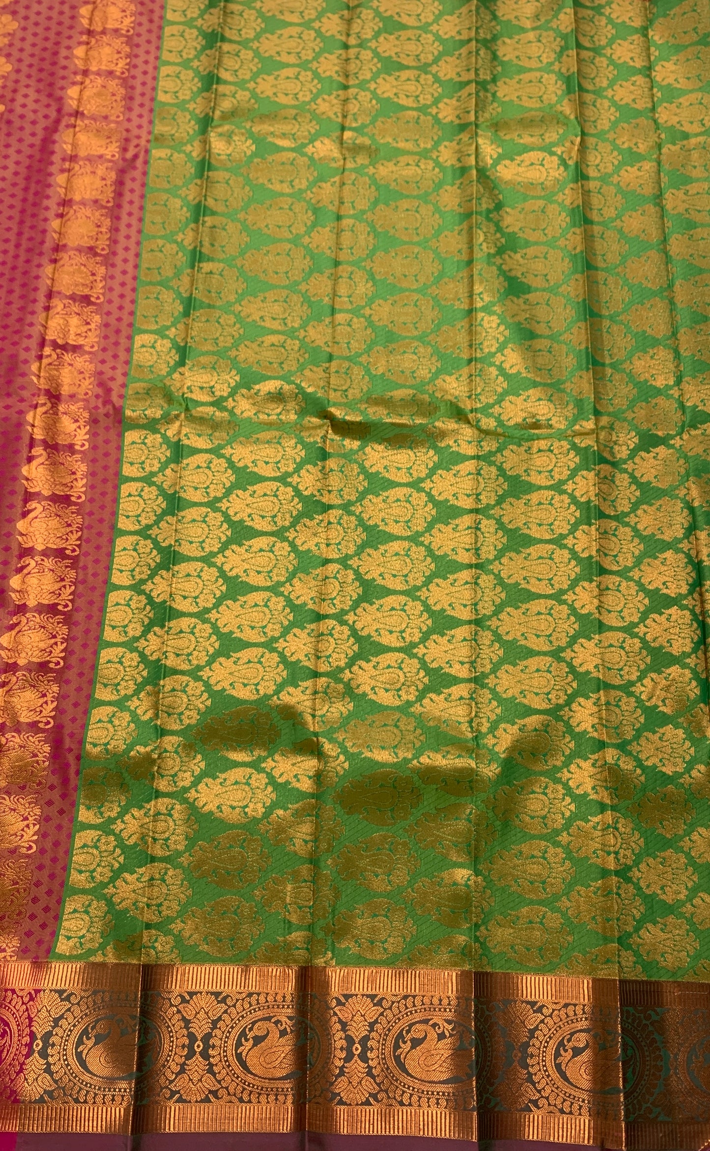 Vegan Silk Saree Dual shade with Copper and Pink Border