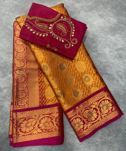Bridal Vegan Silk Saree Golden Yellow shade with Pink Border with Unstitched blouse in Aari Work