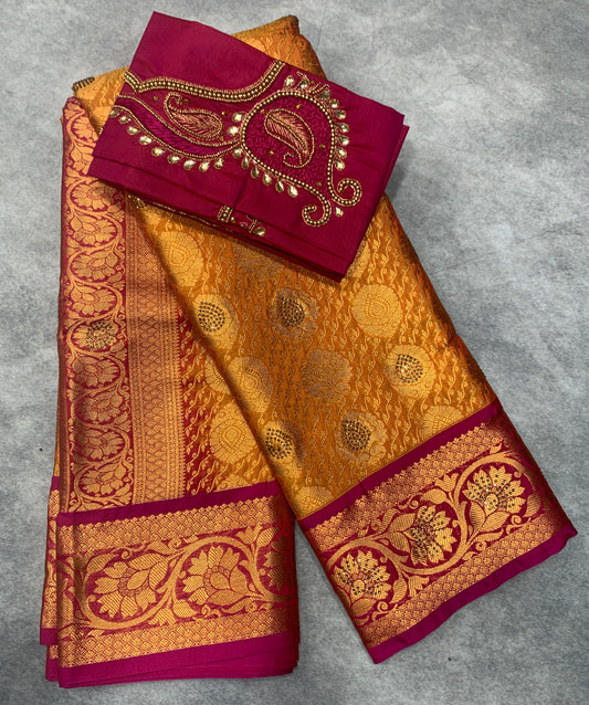 Bridal Vegan Silk Saree Golden Yellow shade with Pink Border with Unstitched blouse in Aari Work