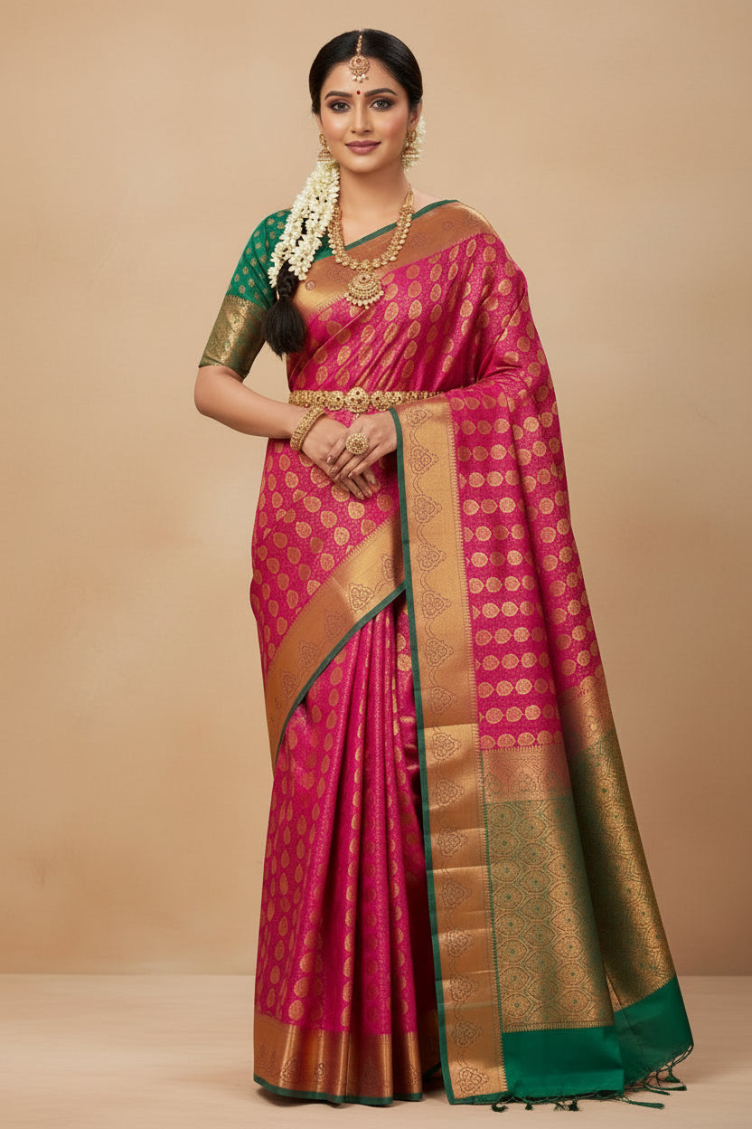 Vegan Silk Saree Pink Colour with Green and Copper Border