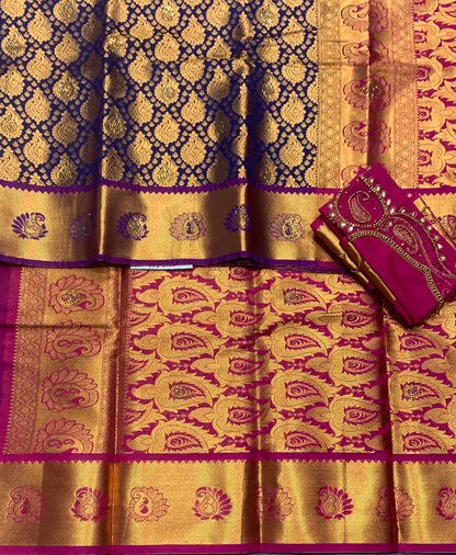 Bridal Vegan Silk Saree Navy Blue shade with Purple Border with Unstitched blouse in Aari work