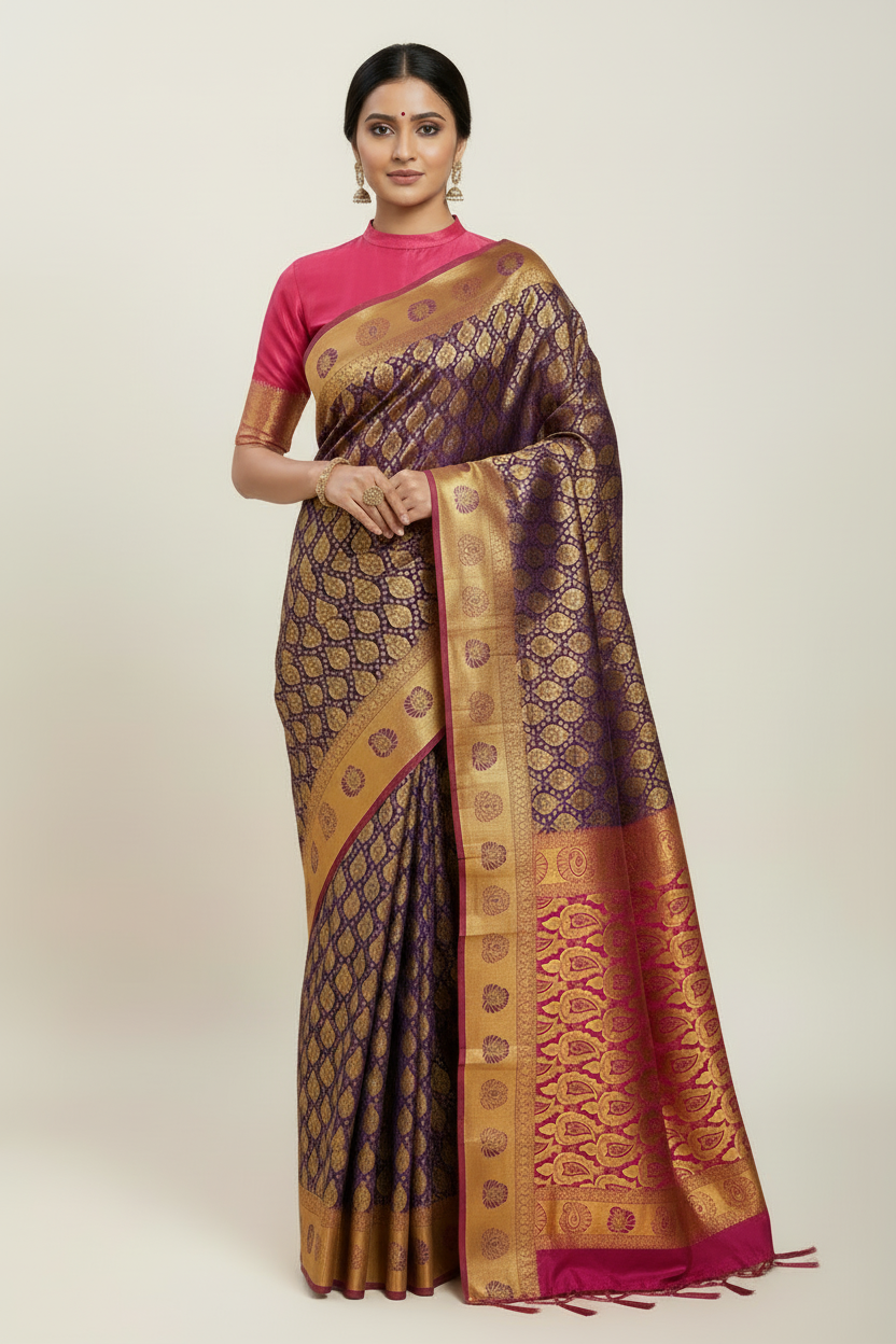 Bridal Vegan Silk Saree Navy Blue shade with Purple Border with Unstitched blouse in Aari work