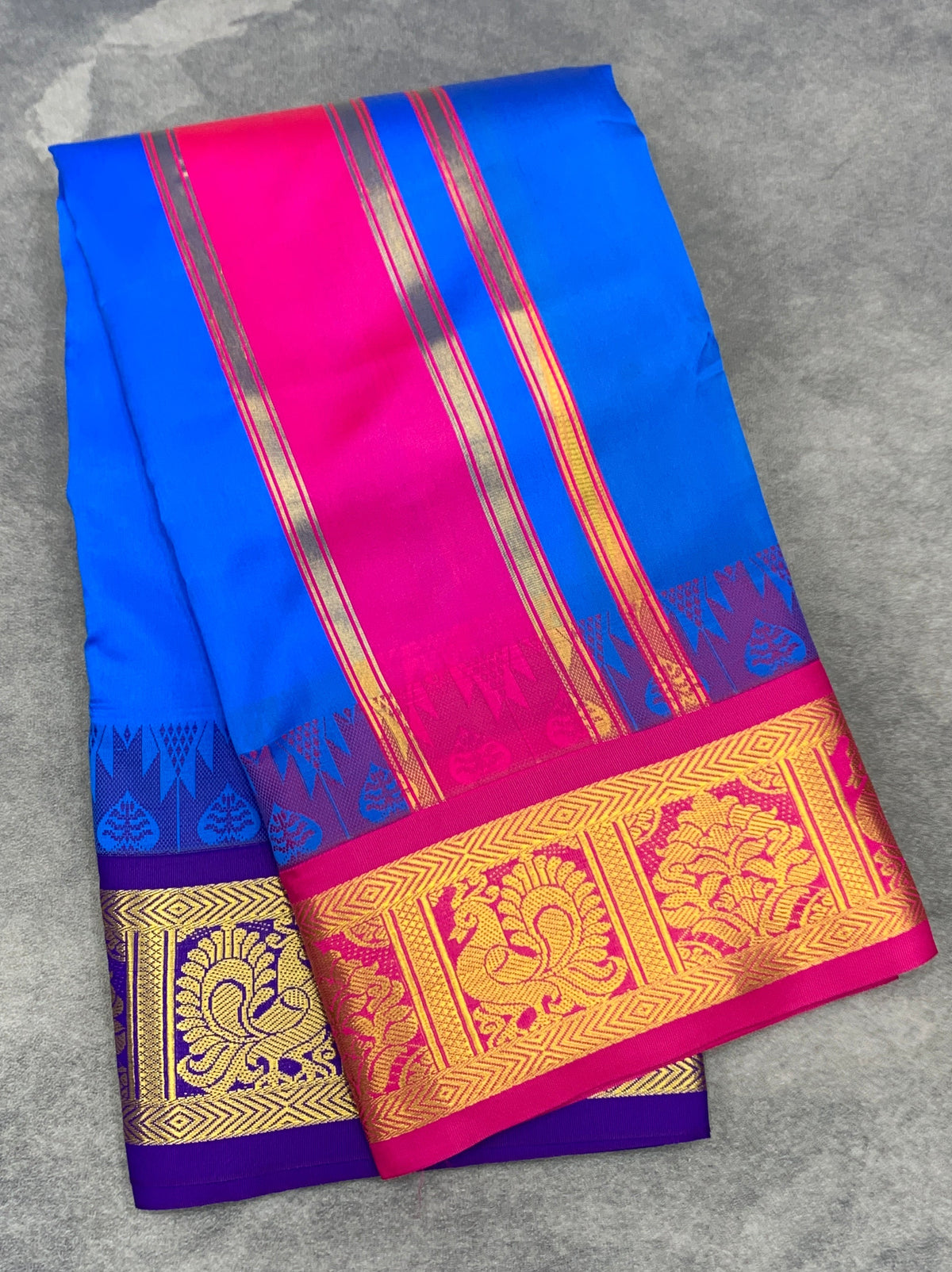 Art Silk Dhothi 9X5 Sky Blue Colour with Pink and Blue Colour Ganga Jamuna Border