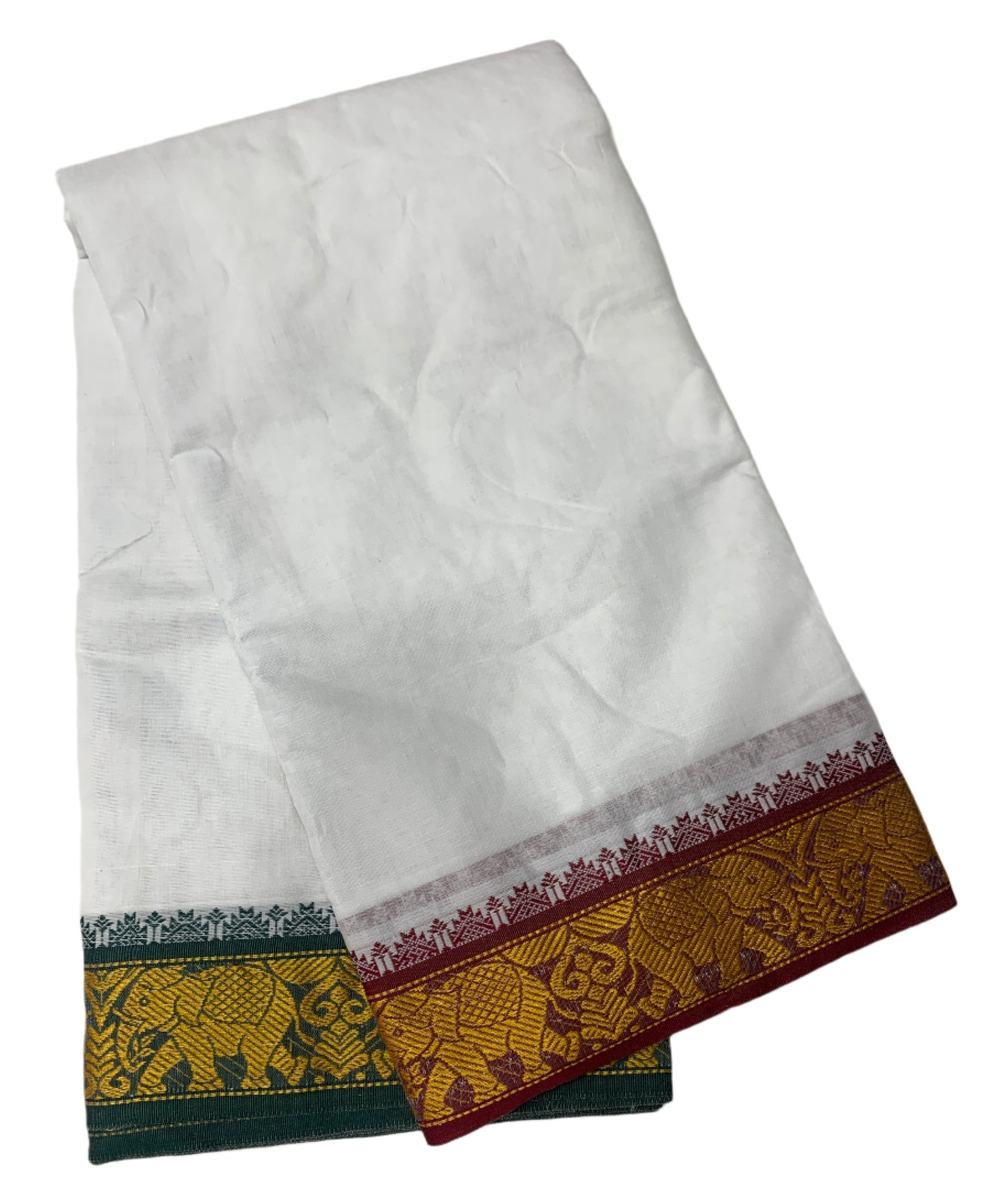 9X5 Cotton Dhoti White Maroon and Green Border with Angavastram