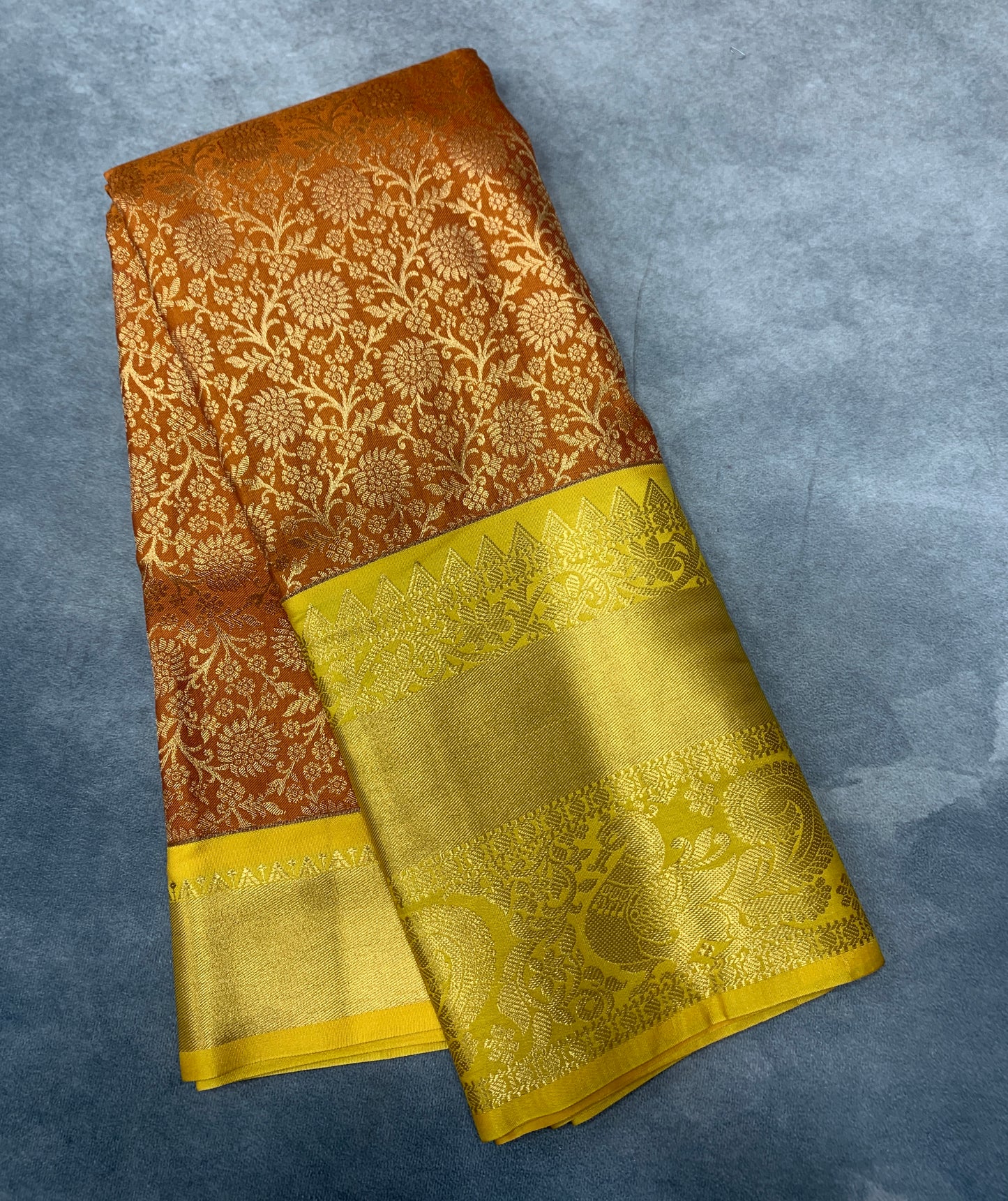 Russet Colour Semi Silk Saree with Big Yellow Border