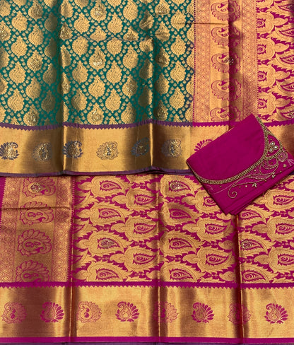 Bridal Vegan Silk Saree Green shade with Pink Border with Unstitched blouse in Aari Work