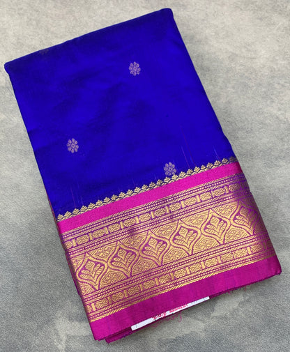 Pure Kanchipuram Silk Blue Colour with Purple Border