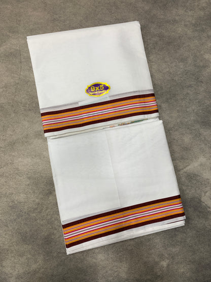 9X5 Cotton Dhoti White Colour with Brown and Red Border with Angavastarm
