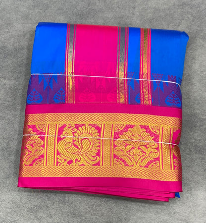 Art Silk Dhothi 9X5 Sky Blue Colour with Pink and Blue Colour Ganga Jamuna Border