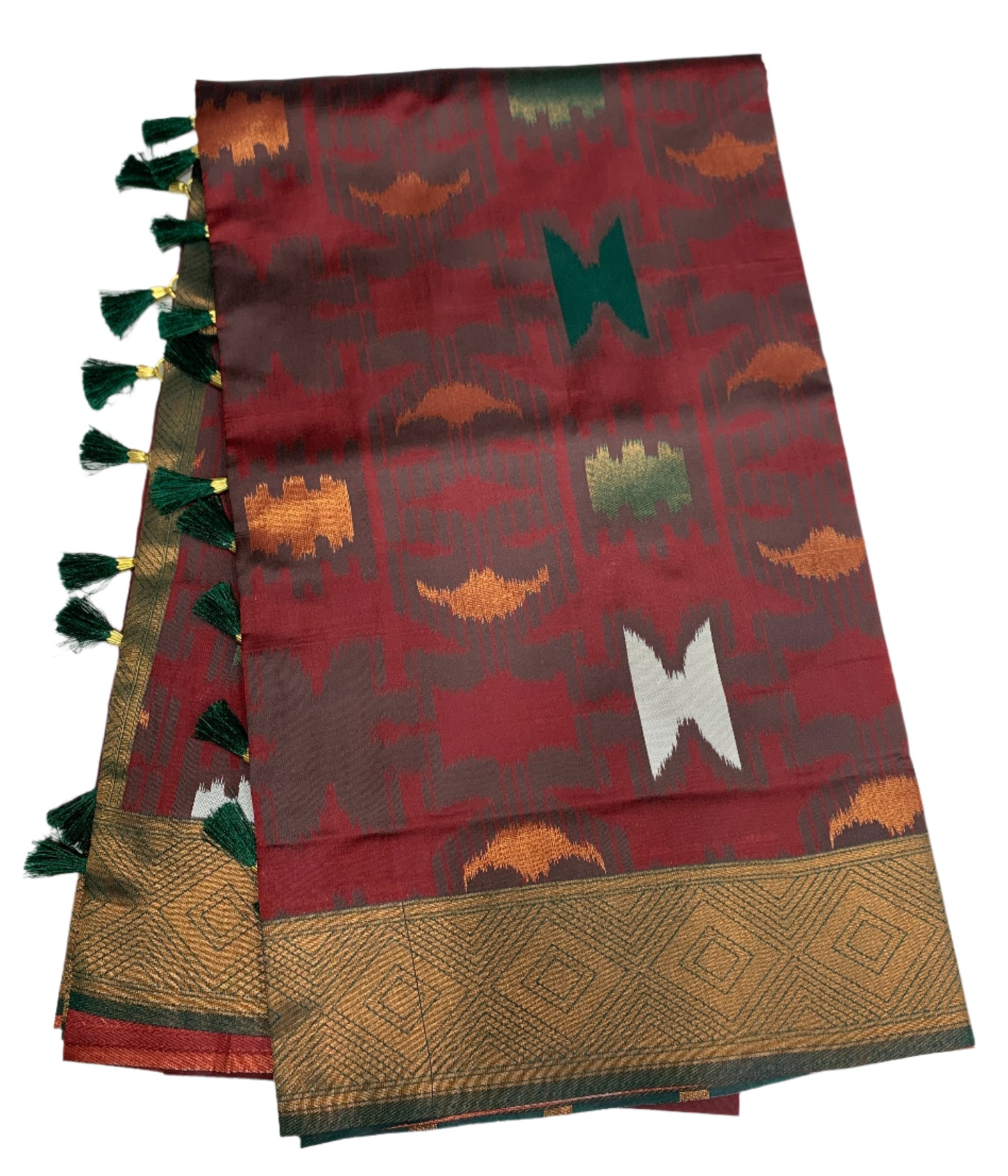 Pochampalli Semi Silk Saree Maroon Colour with Green Border