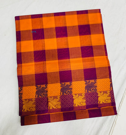 Chettinad Cotton Saree Orange and Magenta with Checked Design