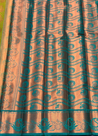 Vegan Silk Saree Lime Green Colour with Light Green and Copper Border
