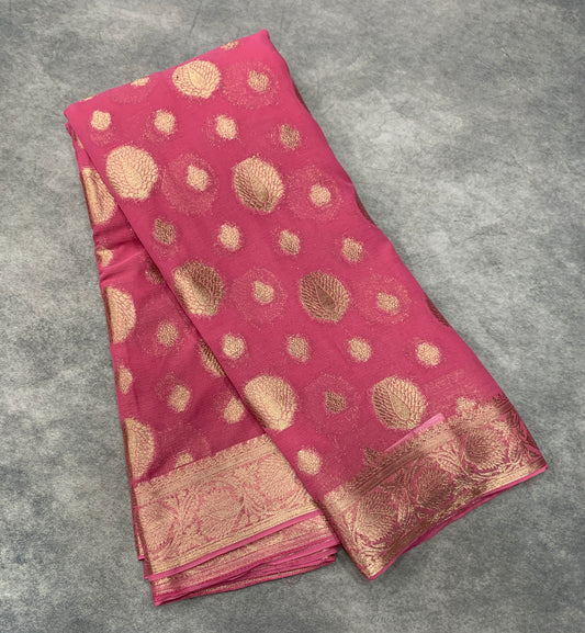 Georgette Saree Tomato Pink Colour with Sliver Floral Design Border