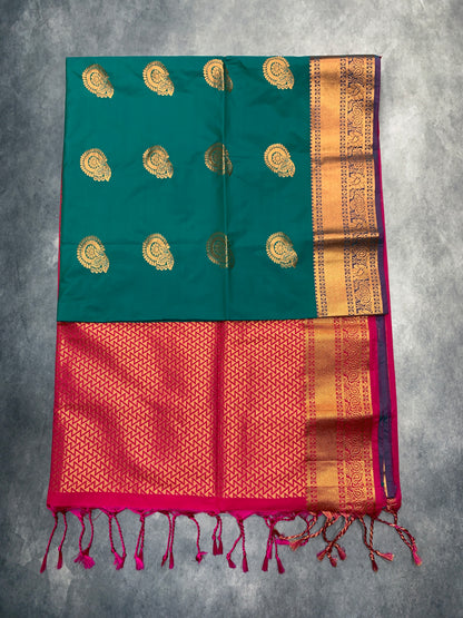Soft Vegan Silk Saree Rama Green Colour with Pink and Copper Border