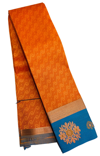 Synthetic Cotton Saree Orange Shade with Sky Blue Border and Floral Design