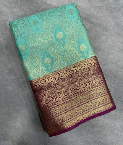 Fancy Tissue Saree Aqua Green Colour with Maroon Colour Border