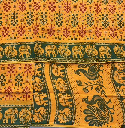 Chettinad Sungudi Cotton Mustard Yellow Colour with Bottle Green Colour Border