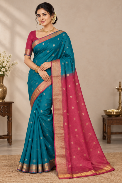 Peacock Green Colour Silk Cotton Saree with Copper Zari Border