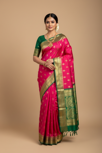 Pure Kanchipuram Silk Pink Colour with Light Green Border
