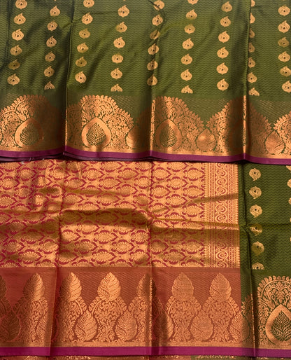 Vegan Silk Saree Olive Green shade with Pink Border