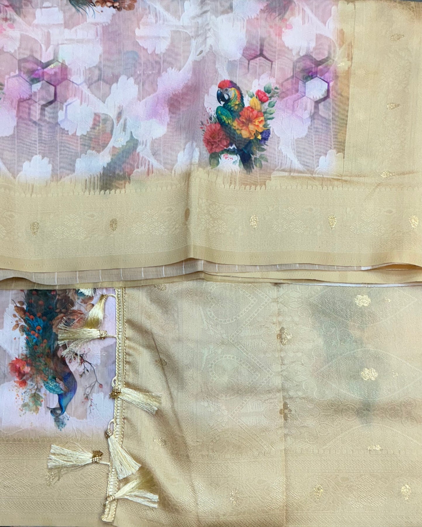 Digital Print Cotton Saree Sandal Colour with Floral and Birds Pattern