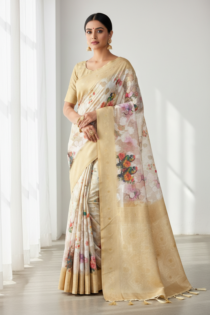 Digital Print Cotton Saree Sandal Colour with Floral and Birds Pattern