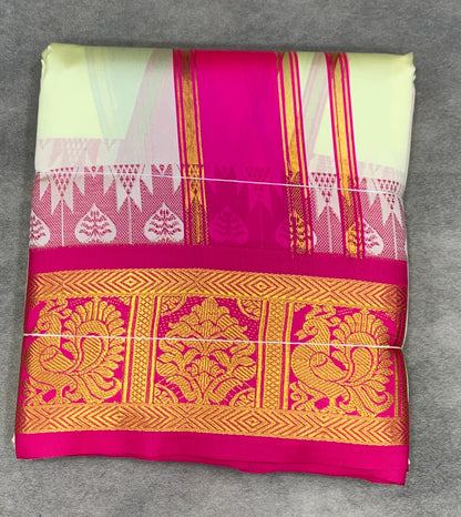 Art Silk Dhothi 9X5 Ivory Colour with Pink and Blue Colour Ganga Jamuna Border