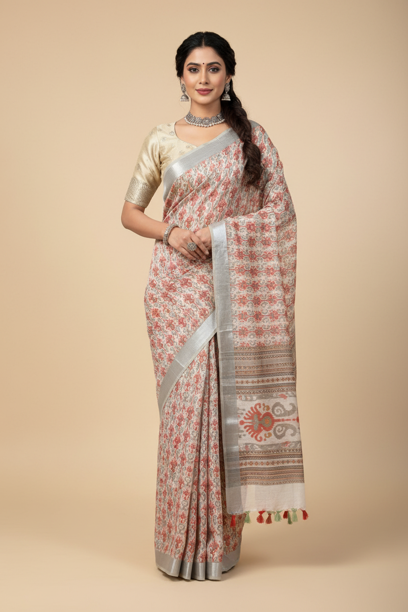 Jute Cotton Saree Gray Colour with Thread Border