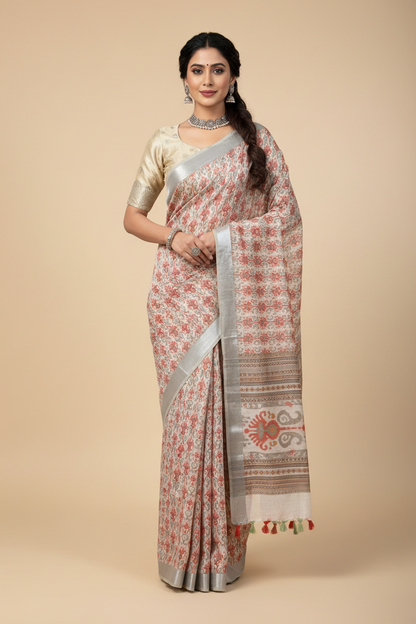Jute Cotton Saree Gray Colour with Thread Border