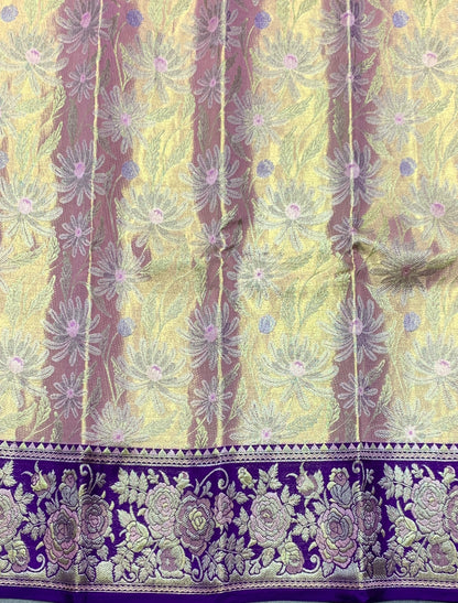 Rose Gold Shade Pure Kanchipuram Kids Pattu Pavadai with Contrast Border for Newborn to 2 Years