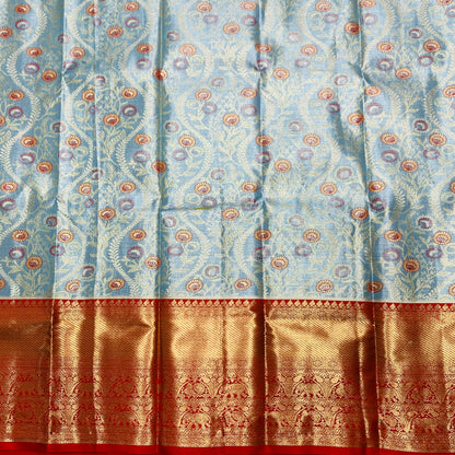 Sky Blue Shade Vegan Silk Kids Pattu Pavadai with Contrast Border for age 2 to 5