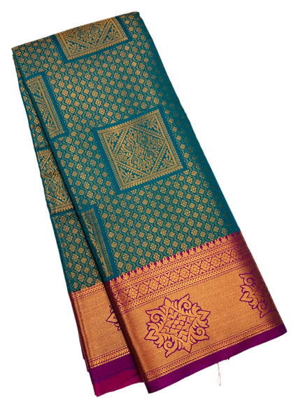 Art Silk Saree Peacock Green Colour with Magenta Border