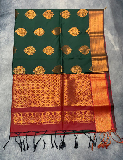 Soft Vegan Silk Saree Green Colour with Maroon and Copper Border
