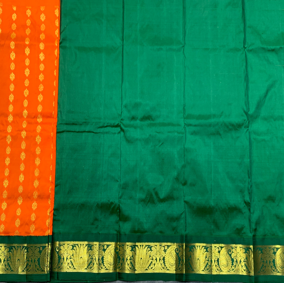 Orange Shade Pure Kanchipuram Kids Pattu Pavadai with Contrast Border for age 2 to 5